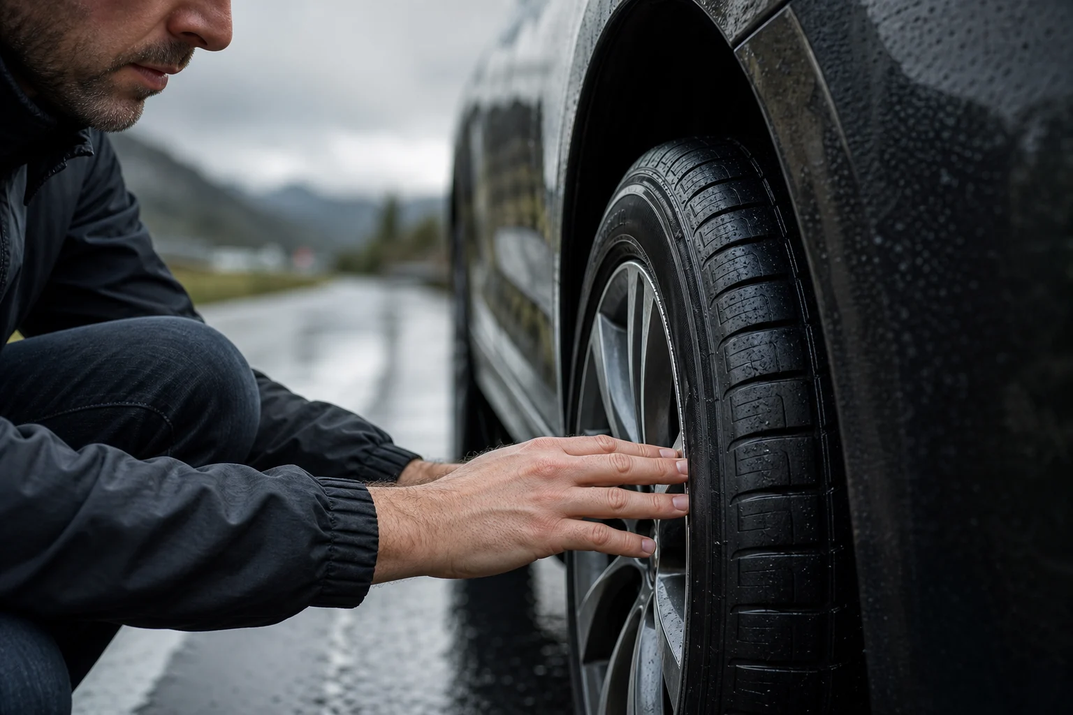 Person checking the tread and grooves of a passenger car tyre before driving in the rain
