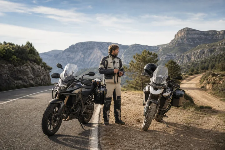 Two adventure motorcycles parked beside a paved road and a compacted track, with a rider comparing their seat heights.