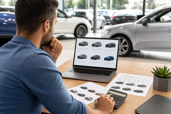 Person comparing car adverts and a spreadsheet with prices, mileage and resale values