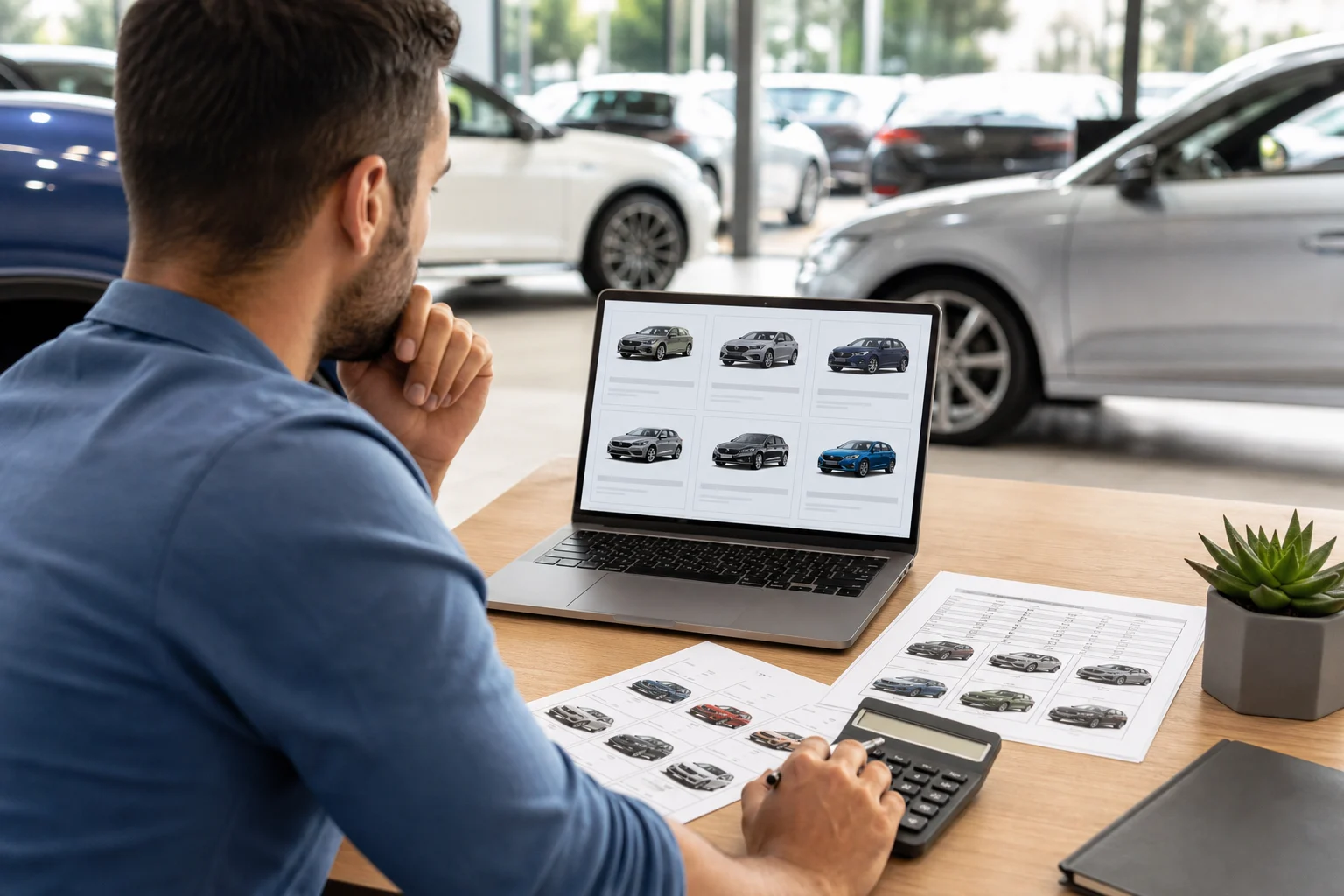 Person comparing car adverts and a spreadsheet with prices, mileage and resale values