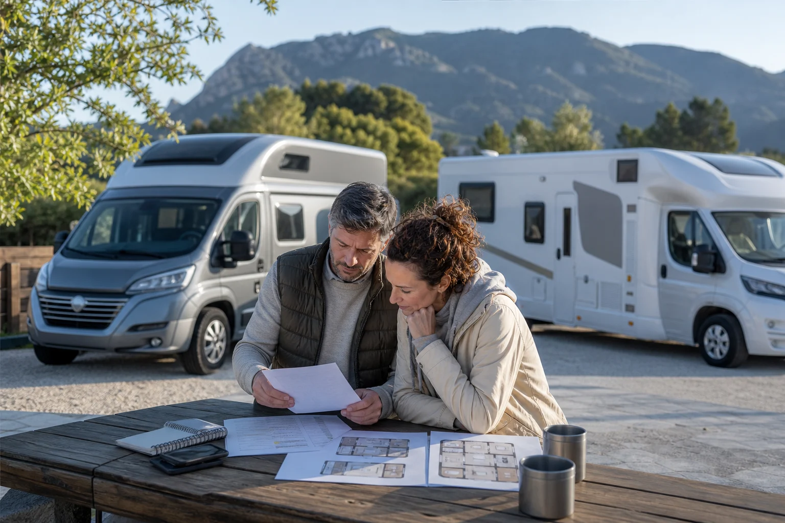 Campervan and motorhome parked in an authorised area while a couple reviews a travel checklist