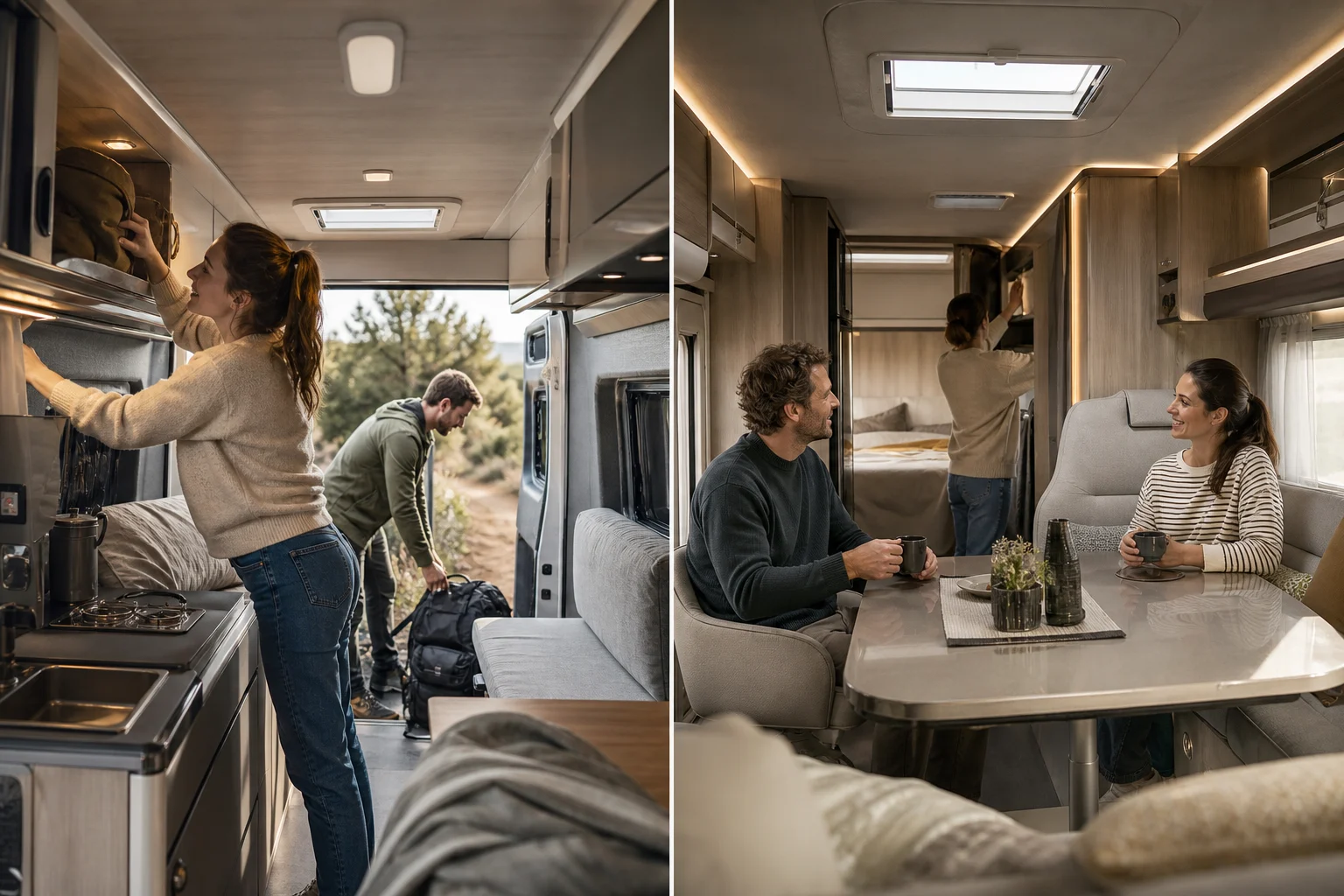 Visual comparison between the interior space of a campervan and a motorhome