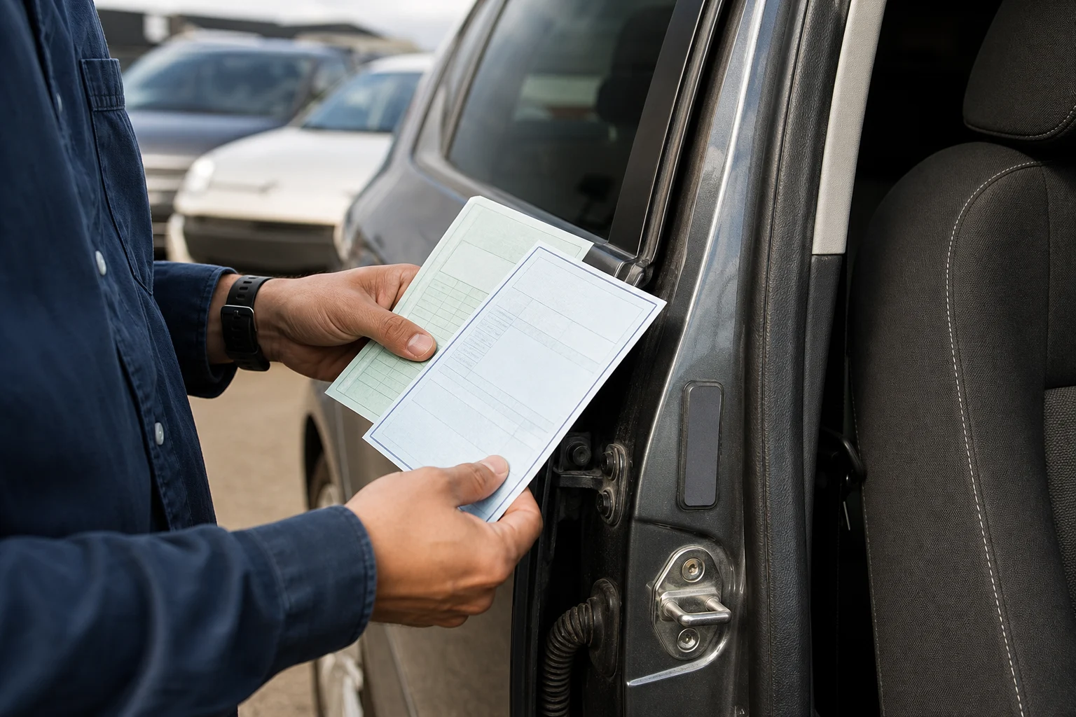 Buyer reviewing the ITV card, registration certificate and VIN of a used car