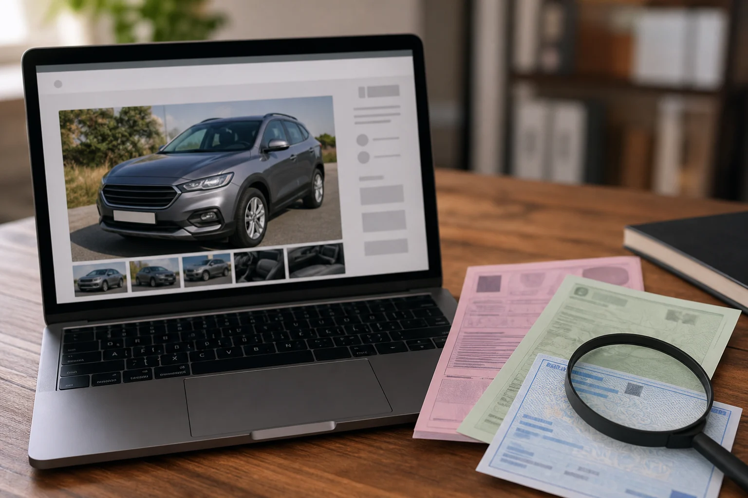 Used-car documents compared with an on-screen listing