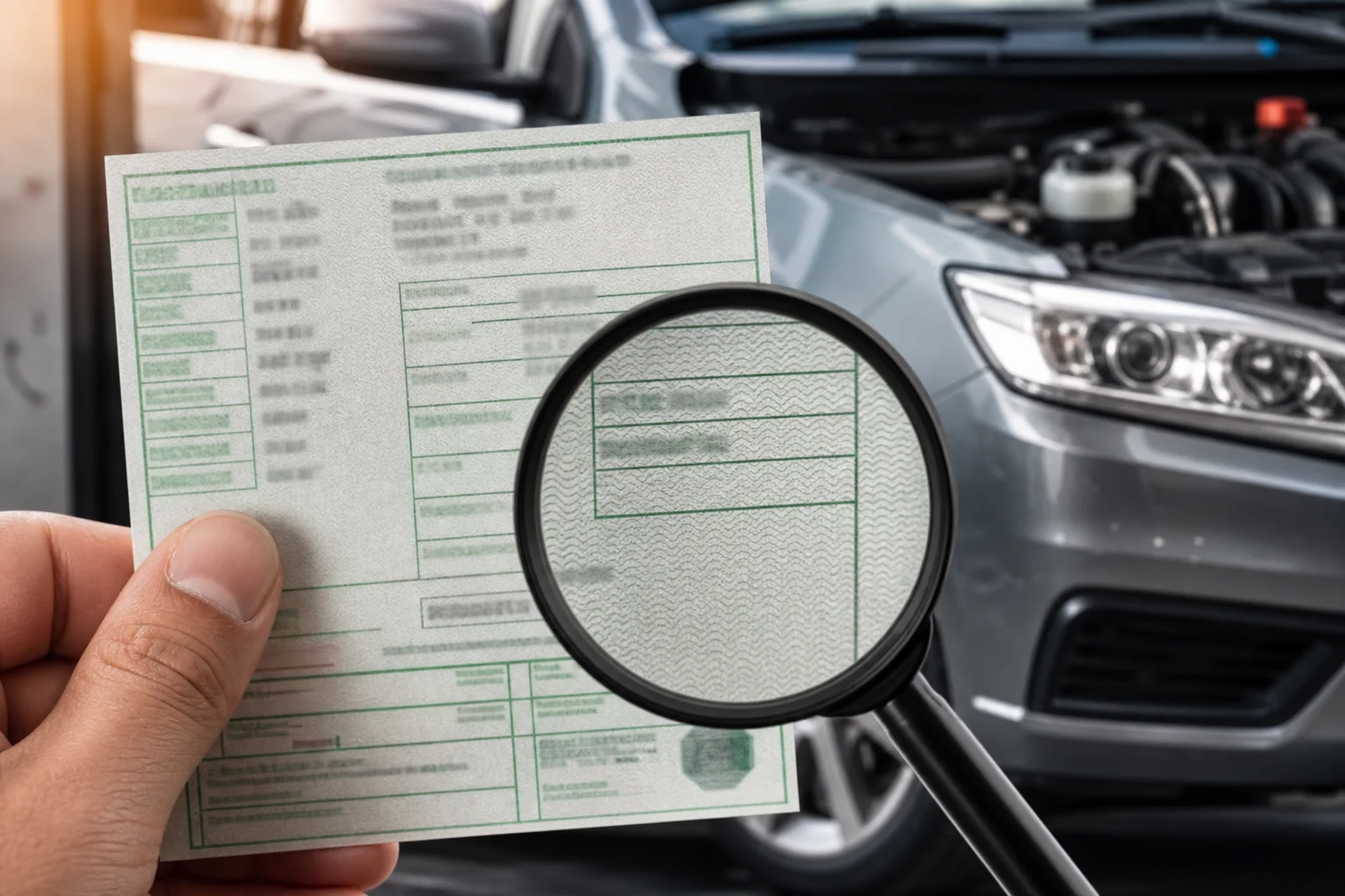 ITV card for a used car being checked beside the vehicle