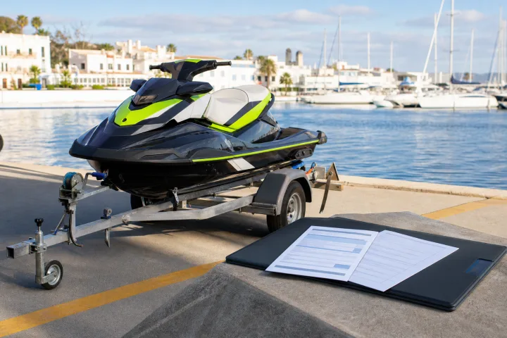 Used personal watercraft on a trailer beside sales documents at a marina