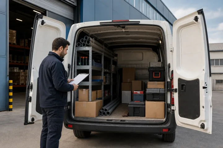 Work van with boxes, tools and long materials neatly arranged in its load area