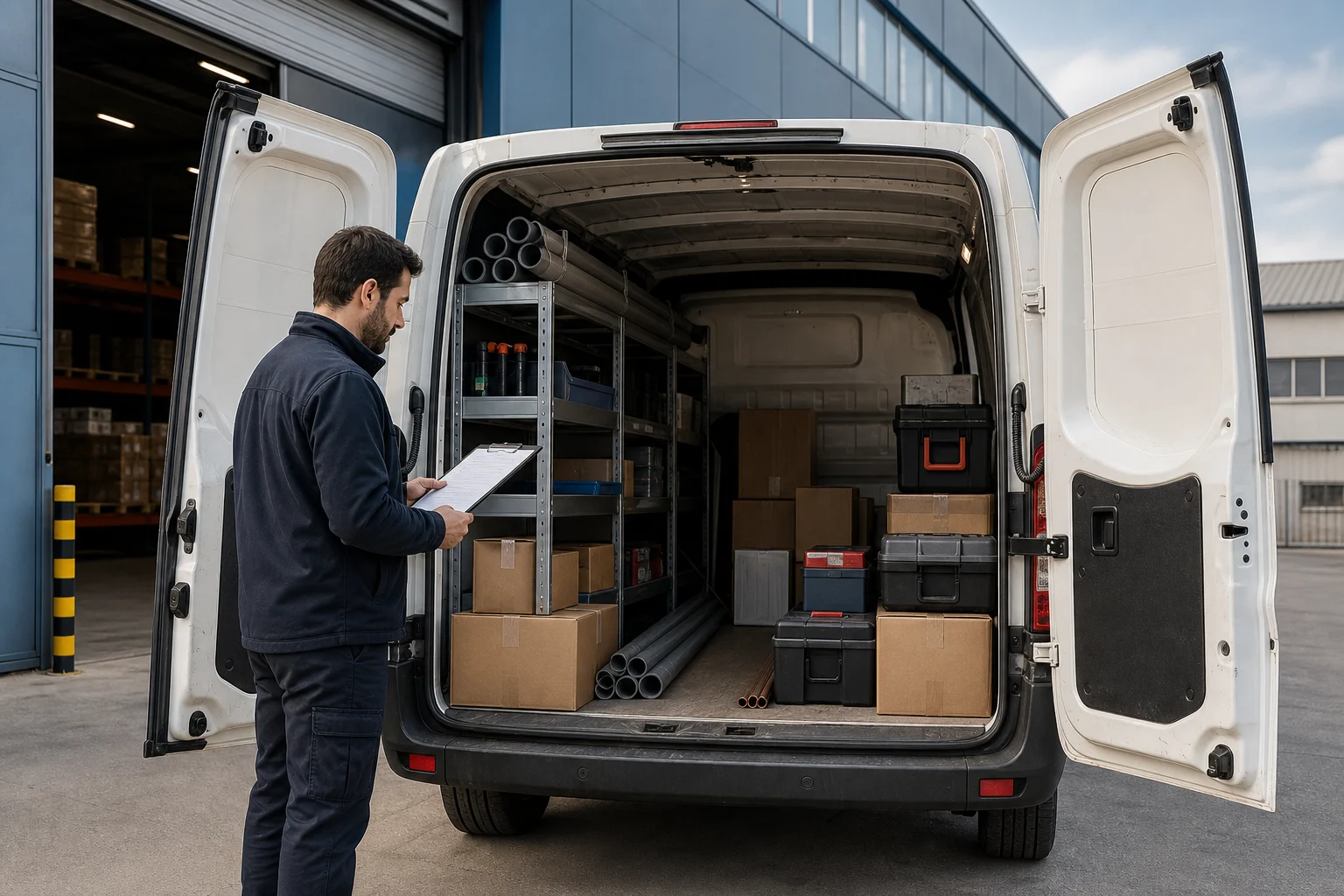 Work van with boxes, tools and long materials neatly arranged in its load area