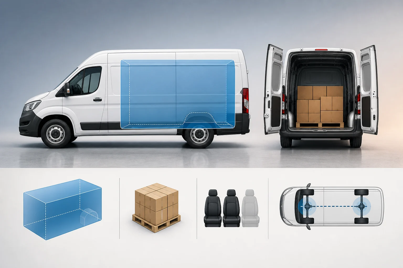Visual diagram of volume, carried mass, occupants and axles in a van