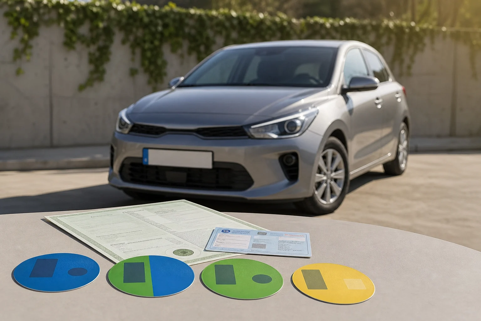 Car parked beside vehicle documents and the four DGT environmental labels