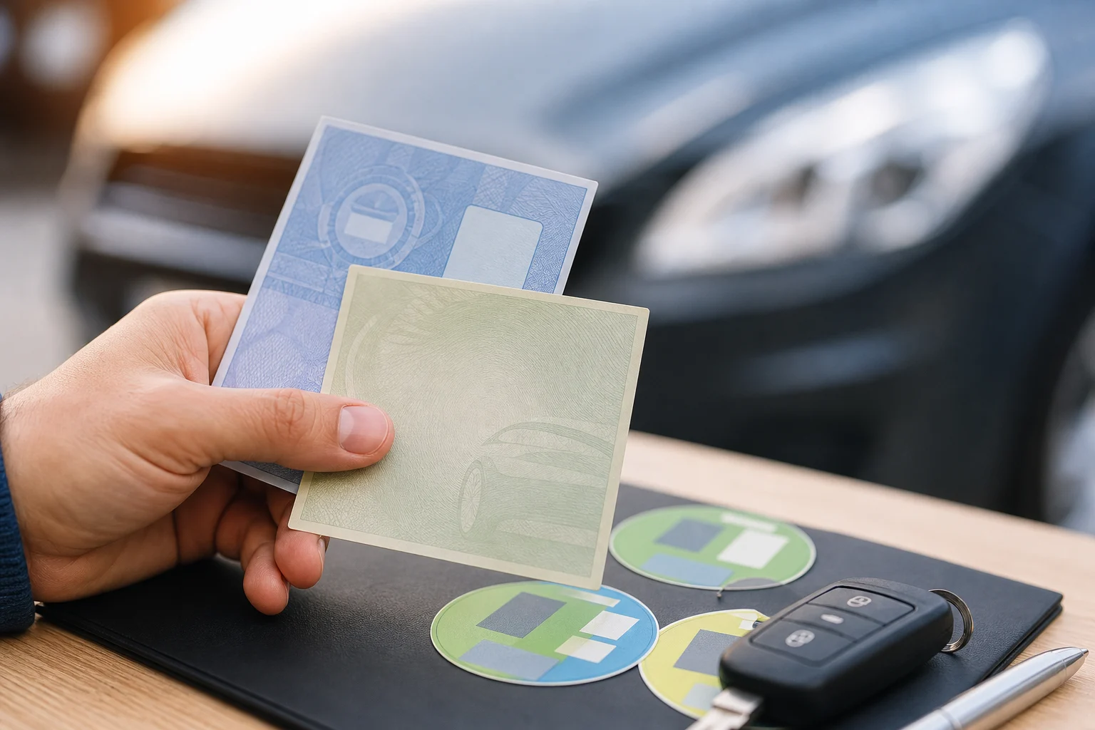 Used-car documentation beside environmental labels