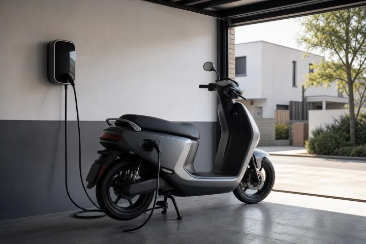 Electric scooter connected to a charge point in a residential car park