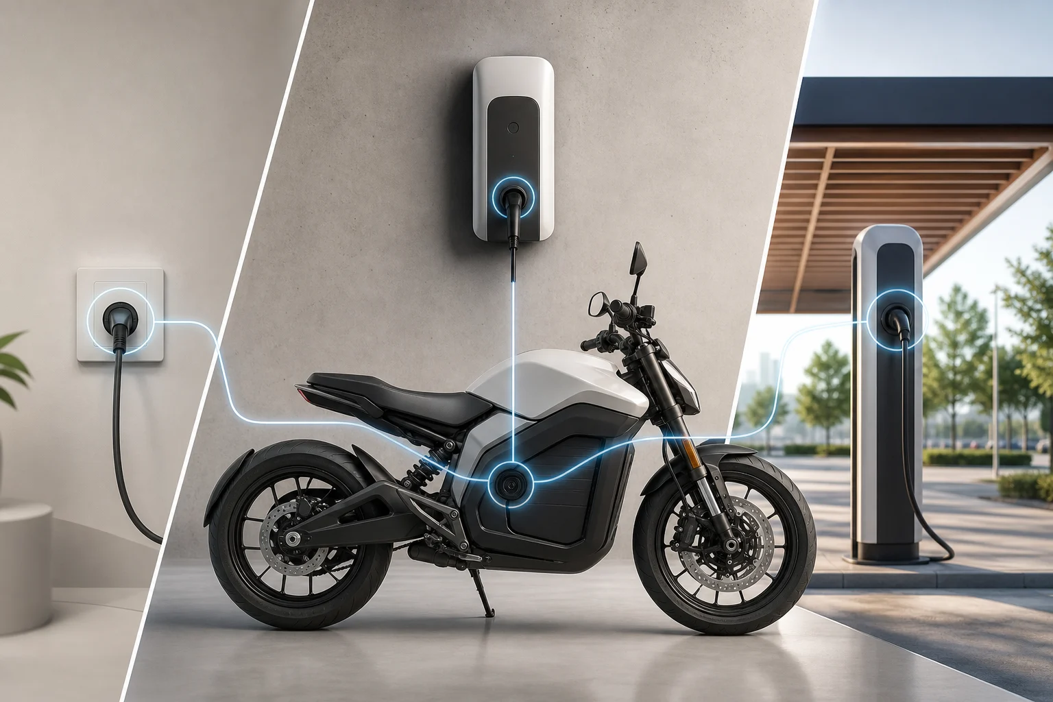 Electric motorcycle beside a domestic socket, wall charger and public charge point