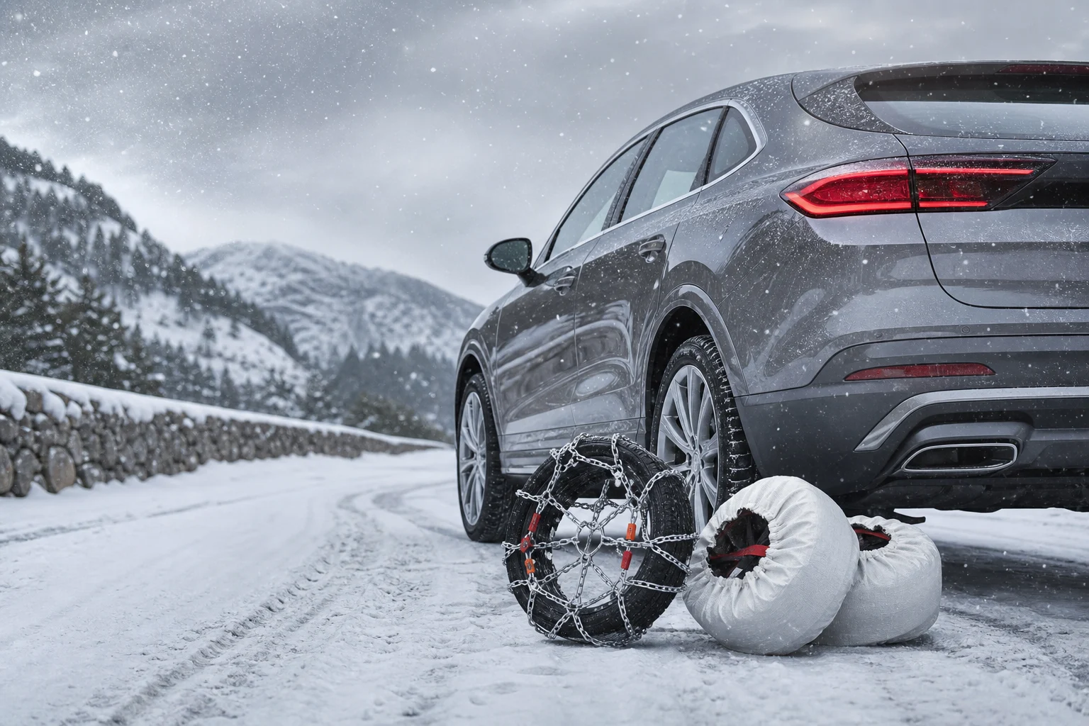 Passenger car stopped in a safe area beside a snow-covered road, with snow chains and textile covers ready beside the wheels.