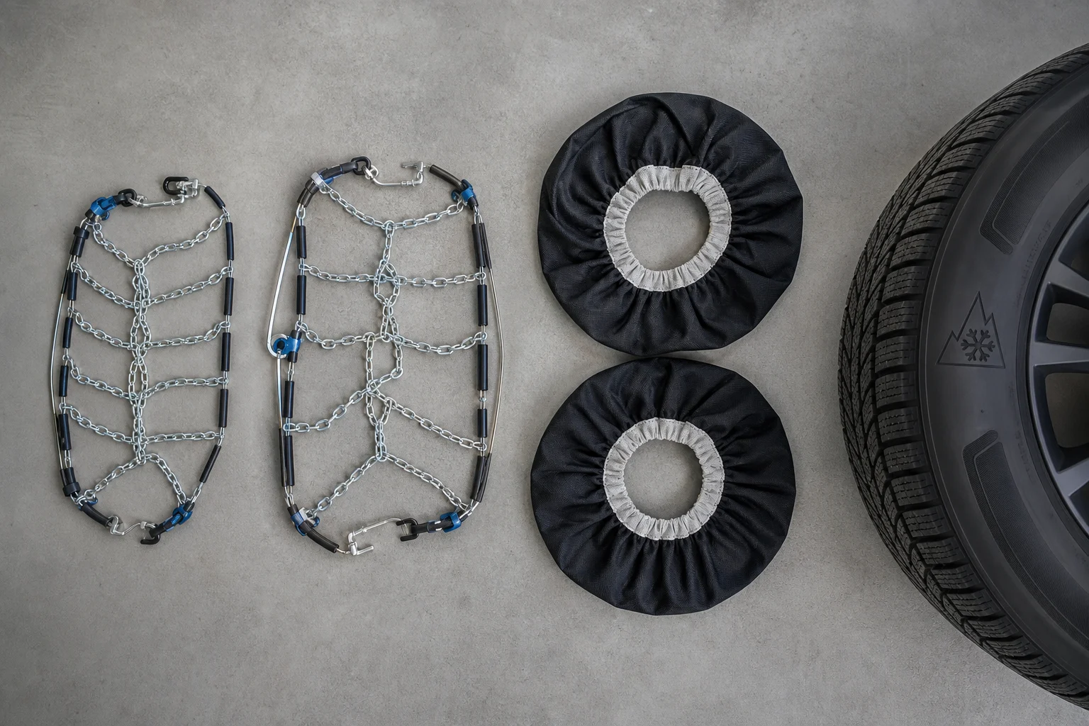 Metal snow chains, textile covers and a tyre with the 3PMSF pictogram in a comparative composition.