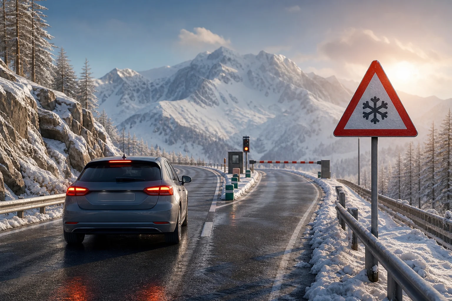 Snowy mountain road with winter signage and a closed barrier in the distance.