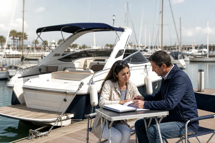 Buyer and seller reviewing documents beside a recreational boat moored in a Spanish marina