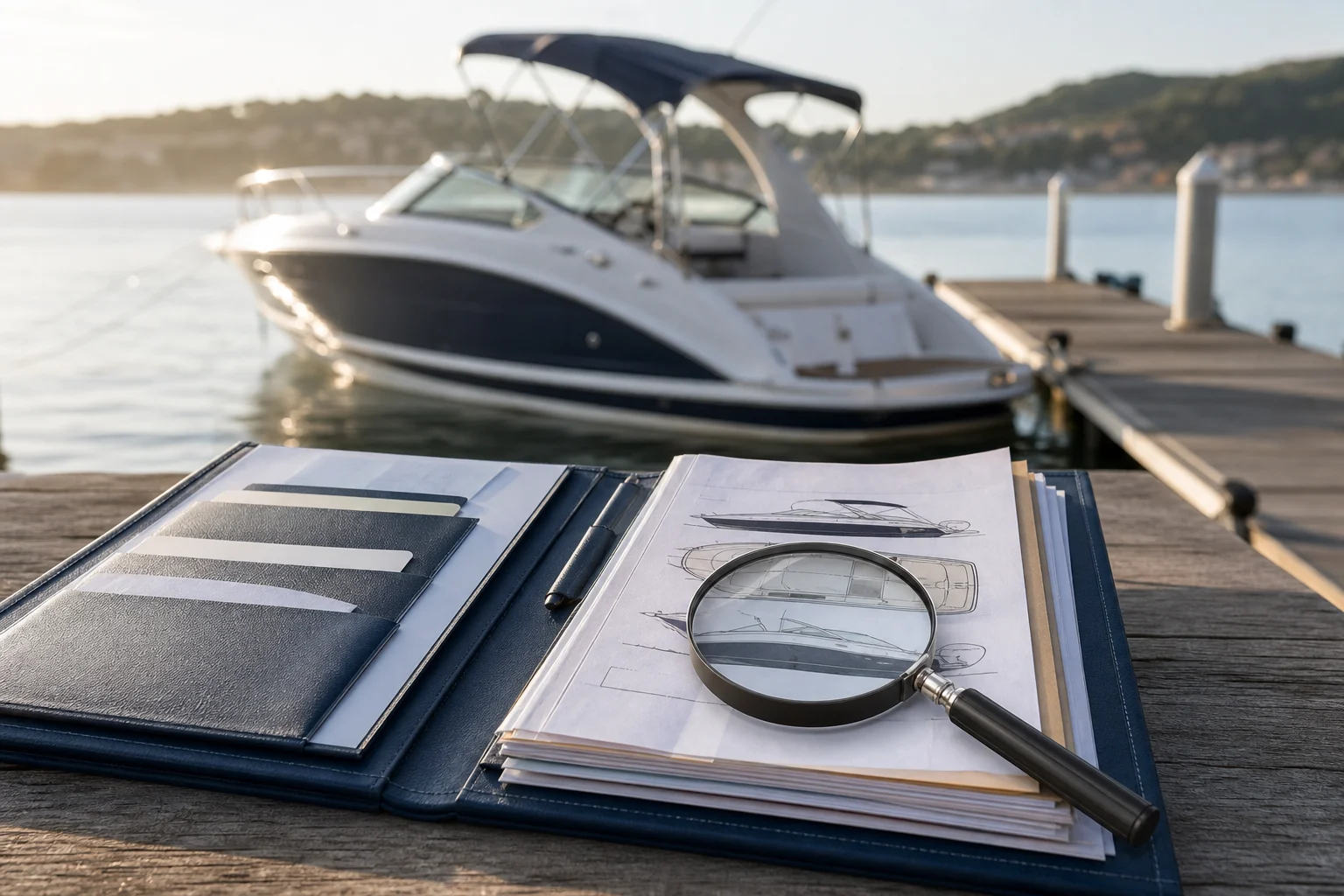 Folder of boating documentation beside a magnifying glass and a moored motorboat in the background