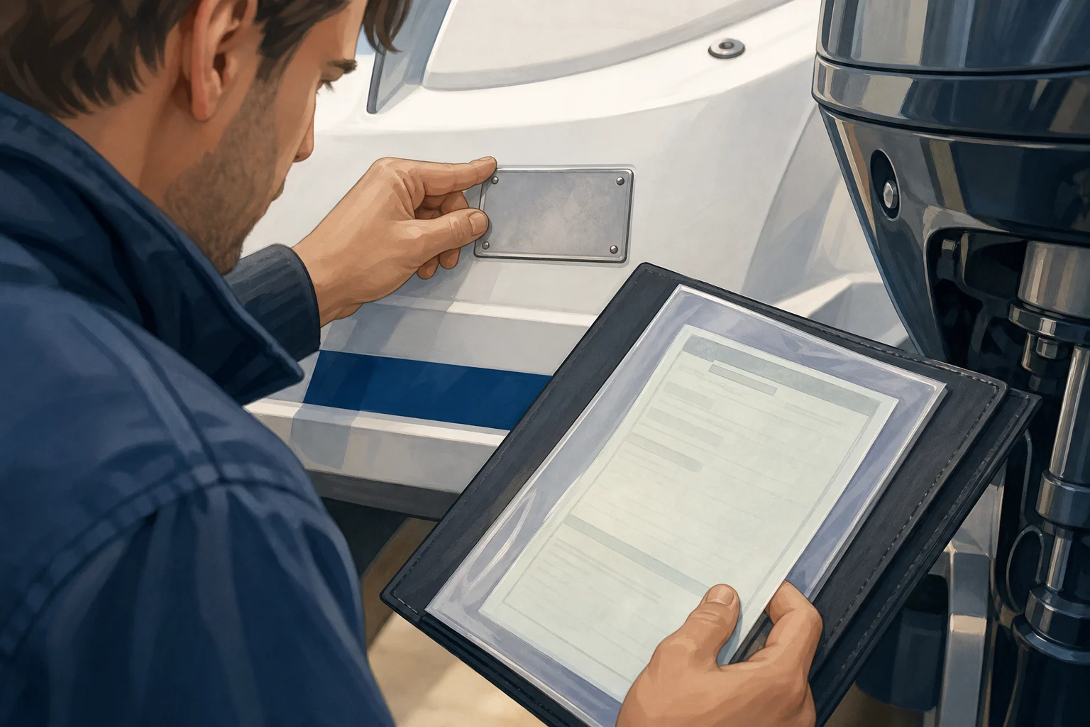 Person comparing a vessel's identification details in two documents
