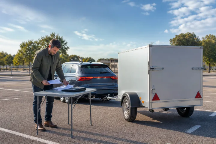Passenger car with a cargo trailer parked while a person checks the vehicle documentation