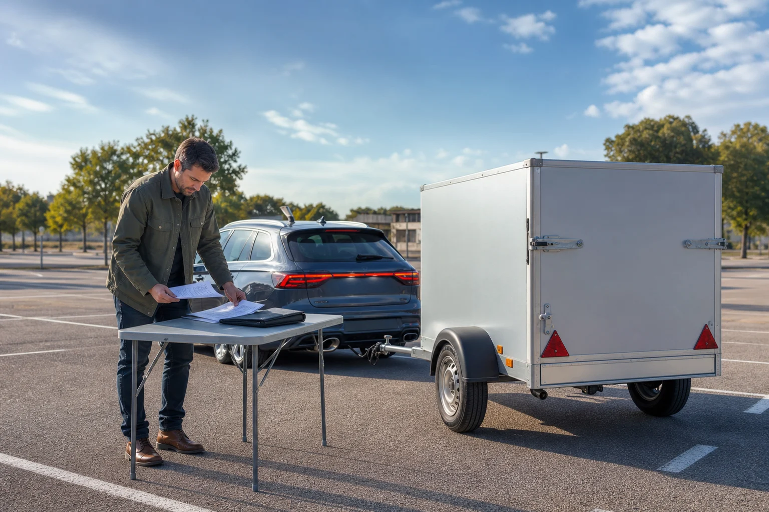 Passenger car with a cargo trailer parked while a person checks the vehicle documentation