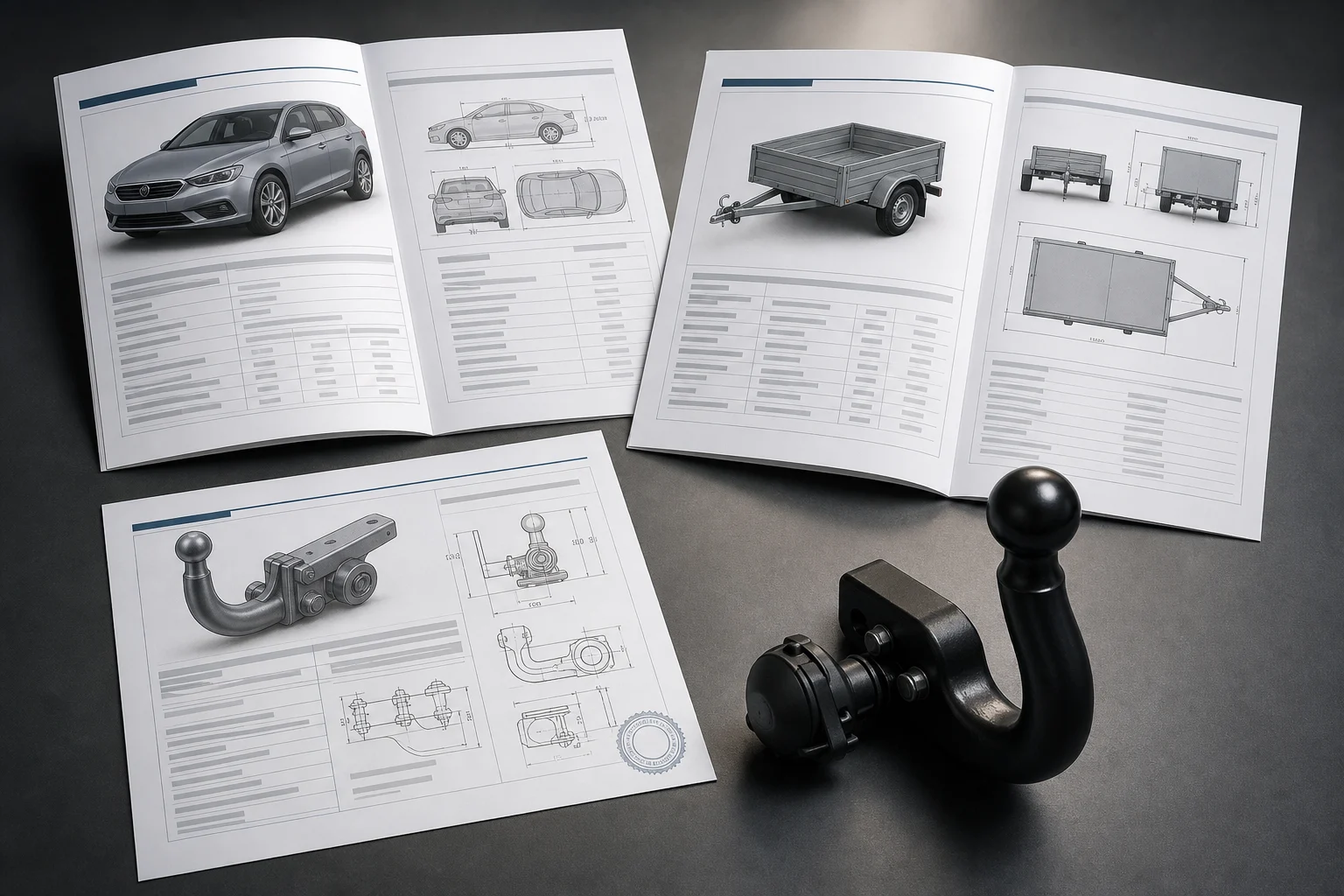 Car, trailer and towbar documents laid out beside a towball