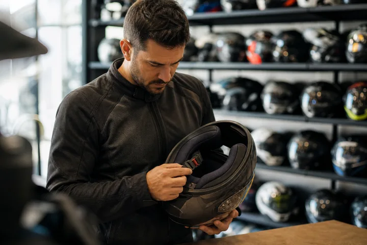 Rider checking the inner label and fastening of a full-face motorcycle helmet in a shop