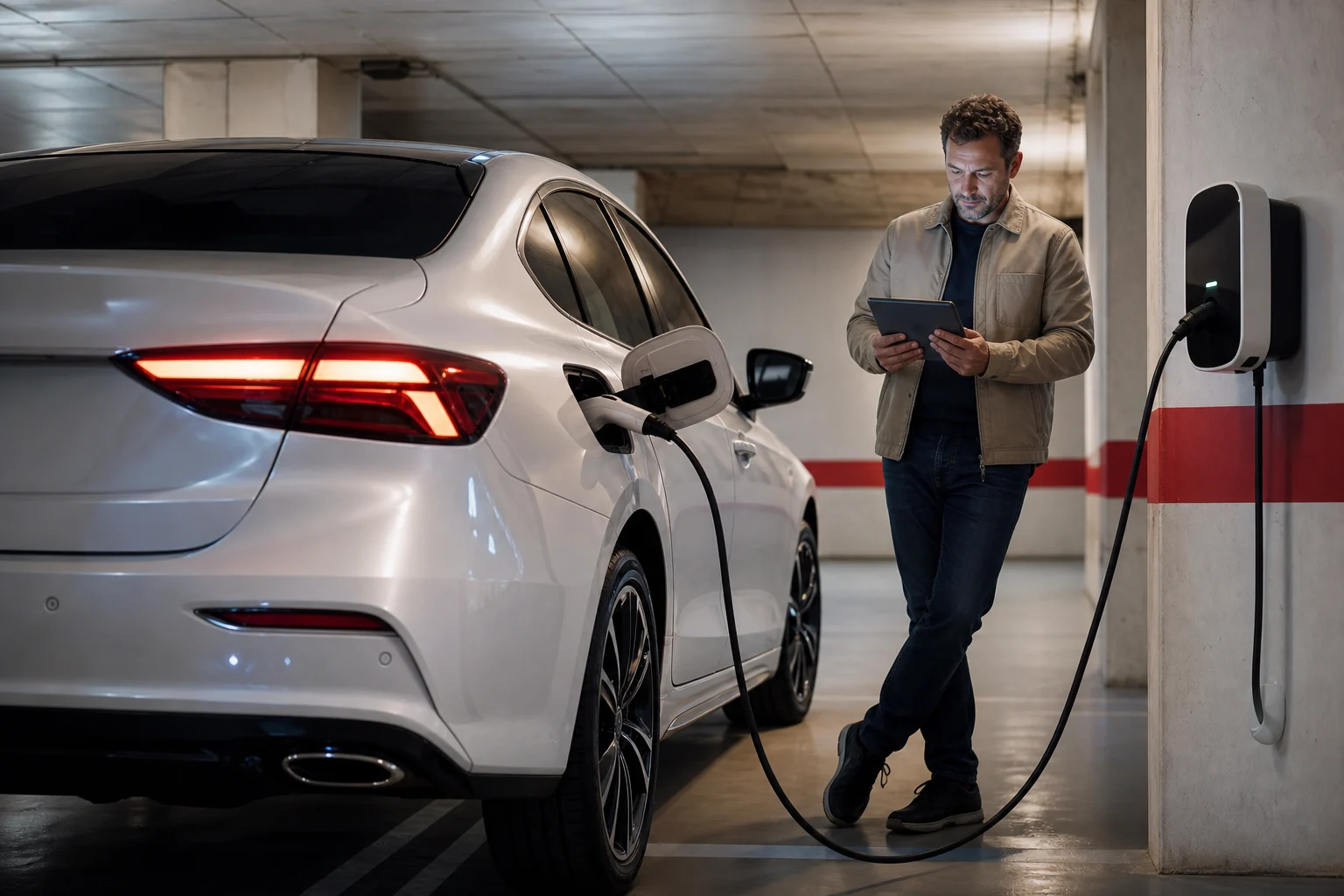 Plug-in hybrid car parked in a garage bay next to a home charging point