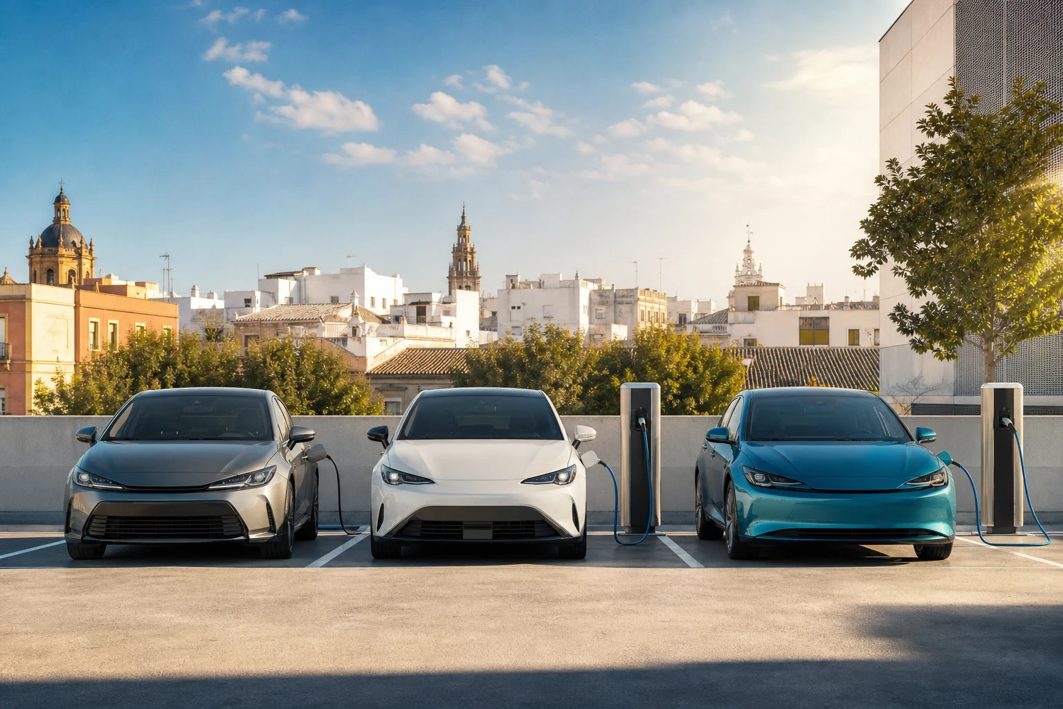 Three generic cars representing a conventional hybrid, plug-in hybrid and EV in a car park