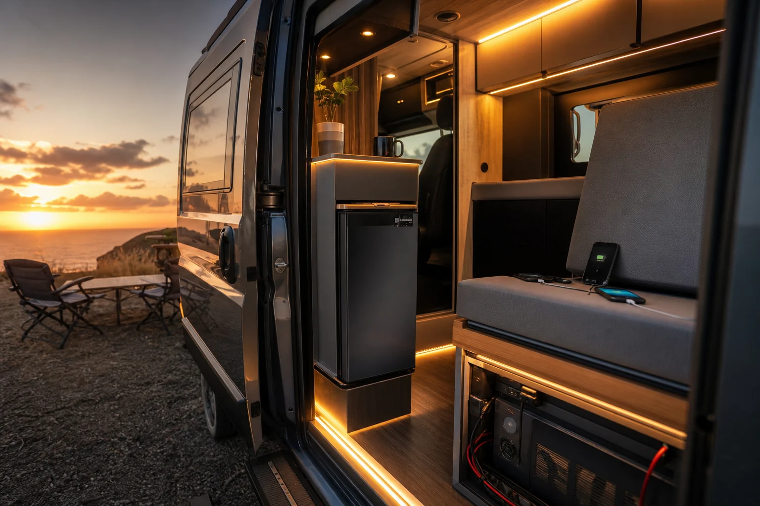Camper interior with an auxiliary battery, lights on, a compressor fridge and travel devices charging