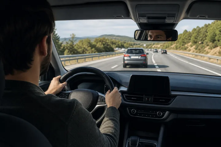 Passenger car travelling on a dual carriageway behind another vehicle, with the driver alert at the wheel