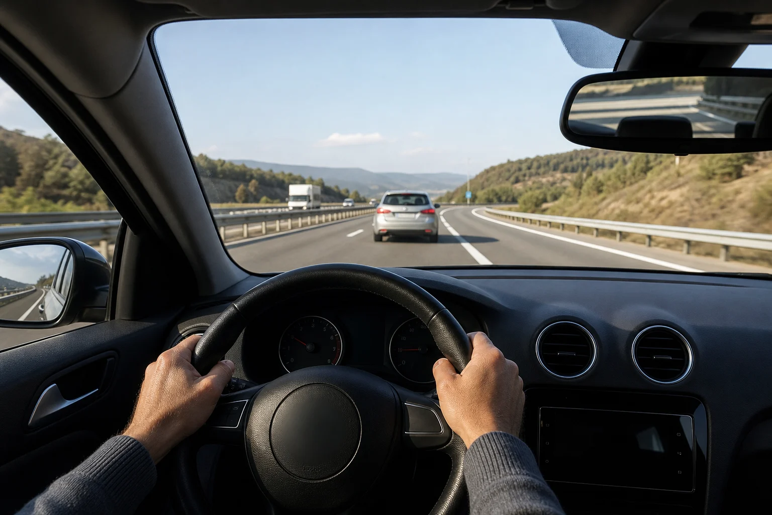 Interior view of a car maintaining distance from the vehicle ahead on a dual carriageway