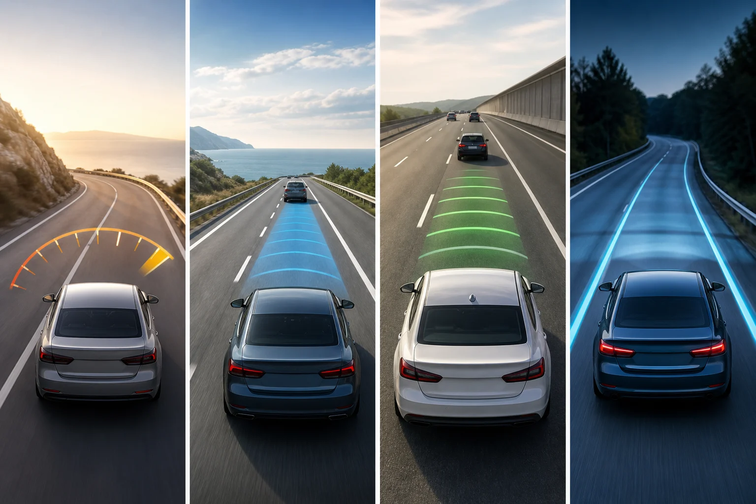 Four driving situations illustrating a speed limiter, conventional cruise control, ACC and lane centring