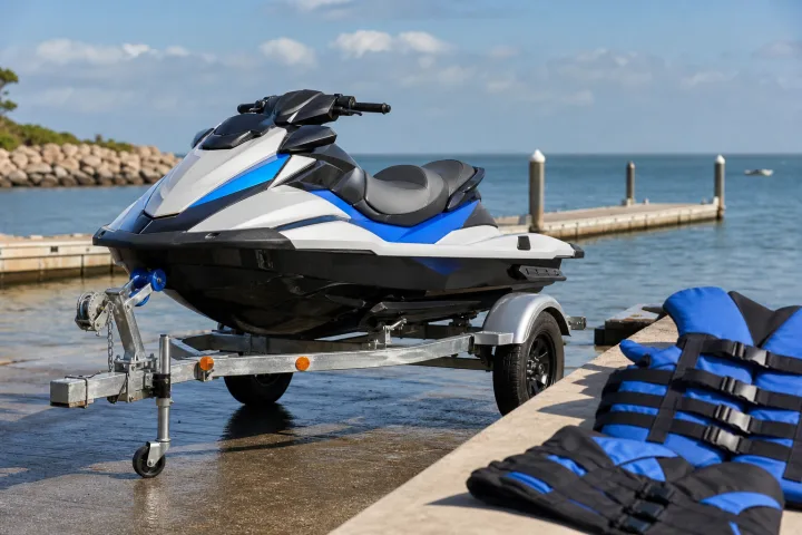 Personal watercraft next to a trailer on a sea access ramp