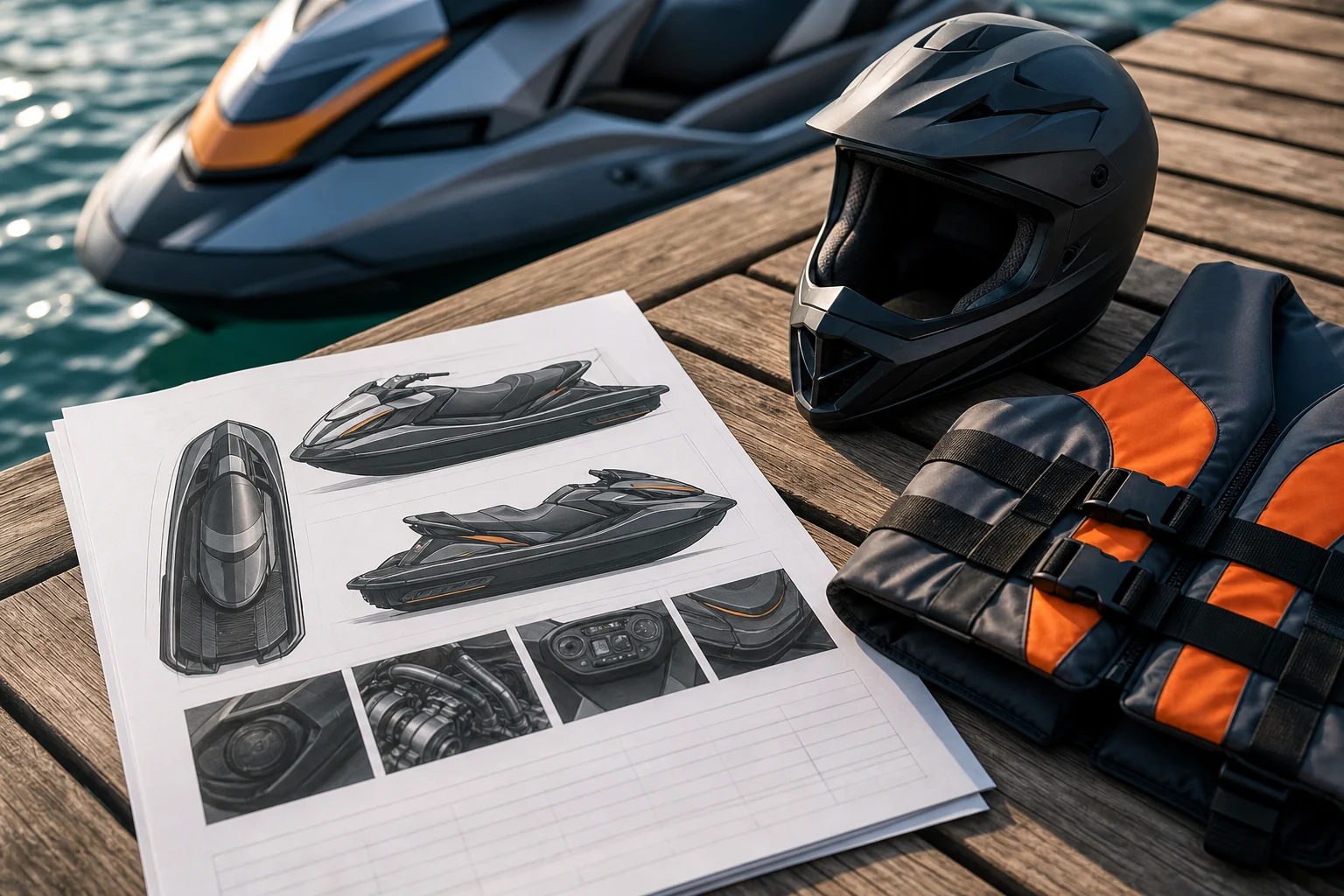 Personal watercraft specification sheet beside a helmet and a life jacket on a dock