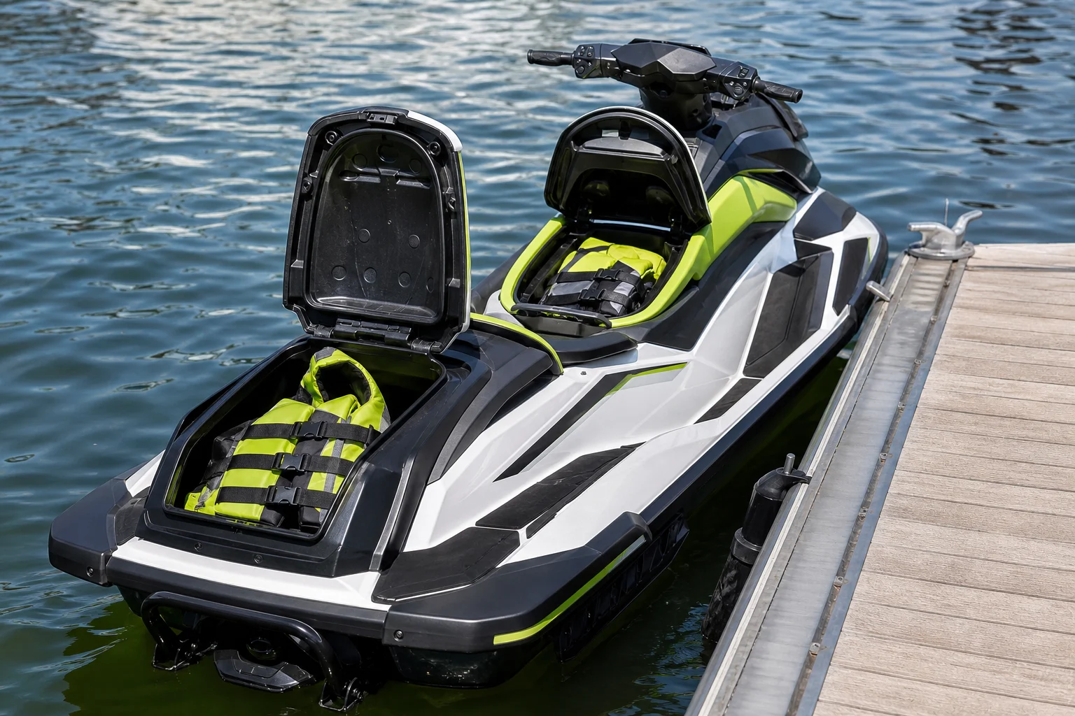 Recreational personal watercraft beside a pontoon, with open storage compartments and life jackets onboard