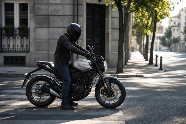A person wearing a helmet beside a parked lightweight motorcycle, checking foot placement and reach to the handlebars.