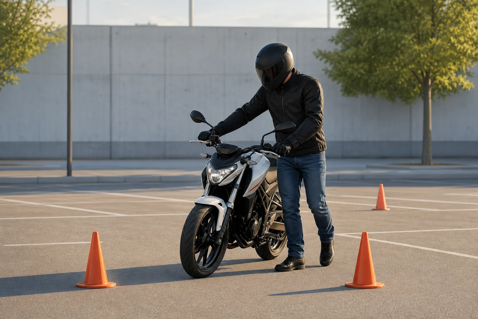 A person moving a lightweight motorcycle on foot in an open car park.