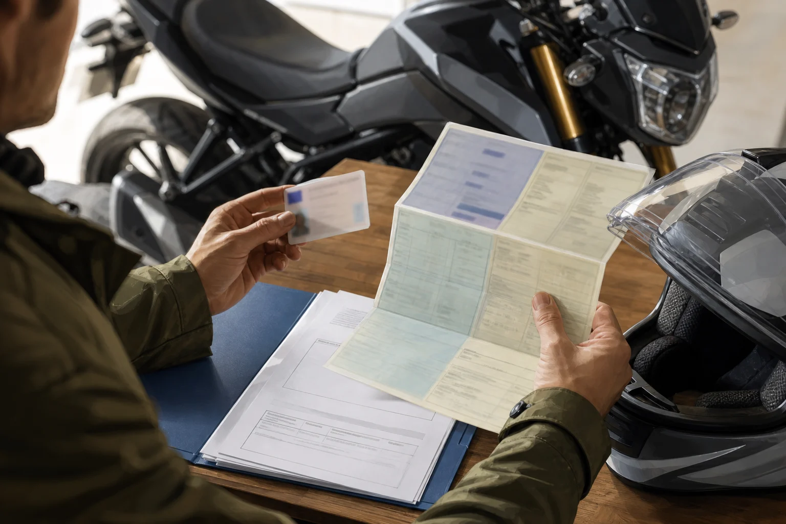 A person checking a driving licence and motorcycle technical documentation.
