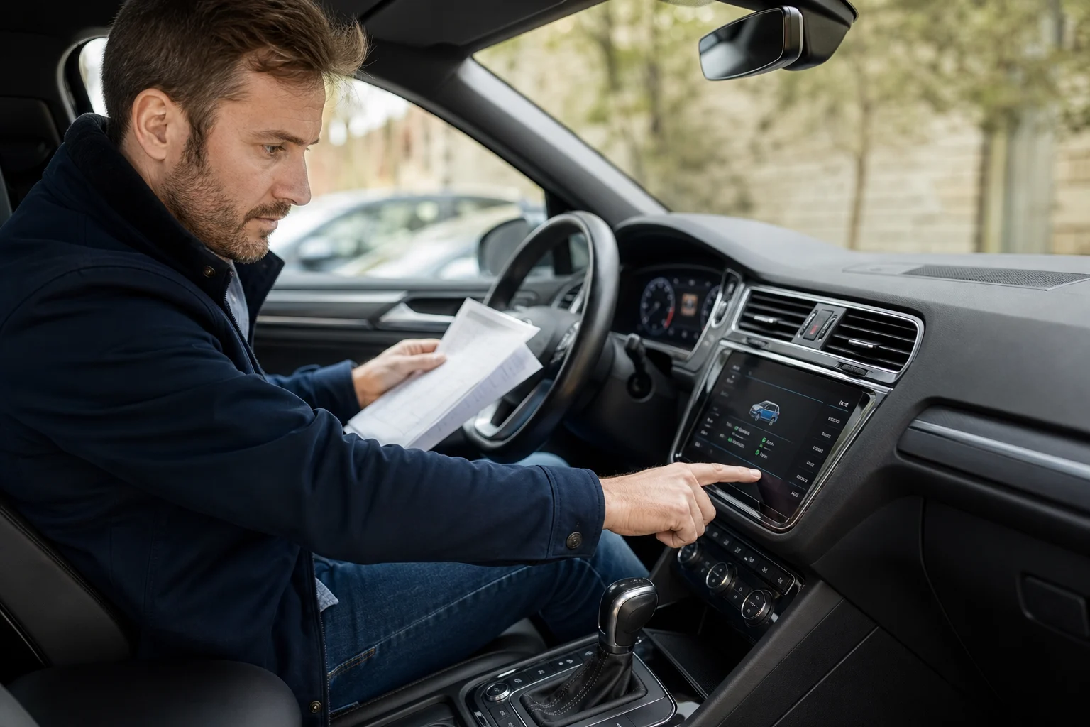 Buyer reviewing driving-assistance settings on a used car’s screen