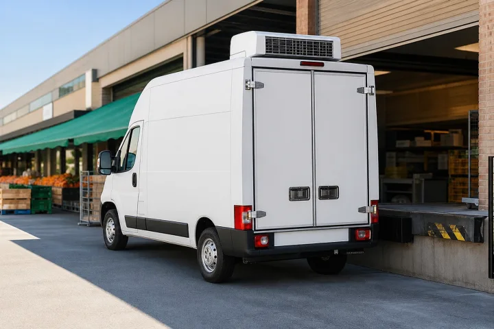 Delivery van with an insulated body parked beside a food loading bay