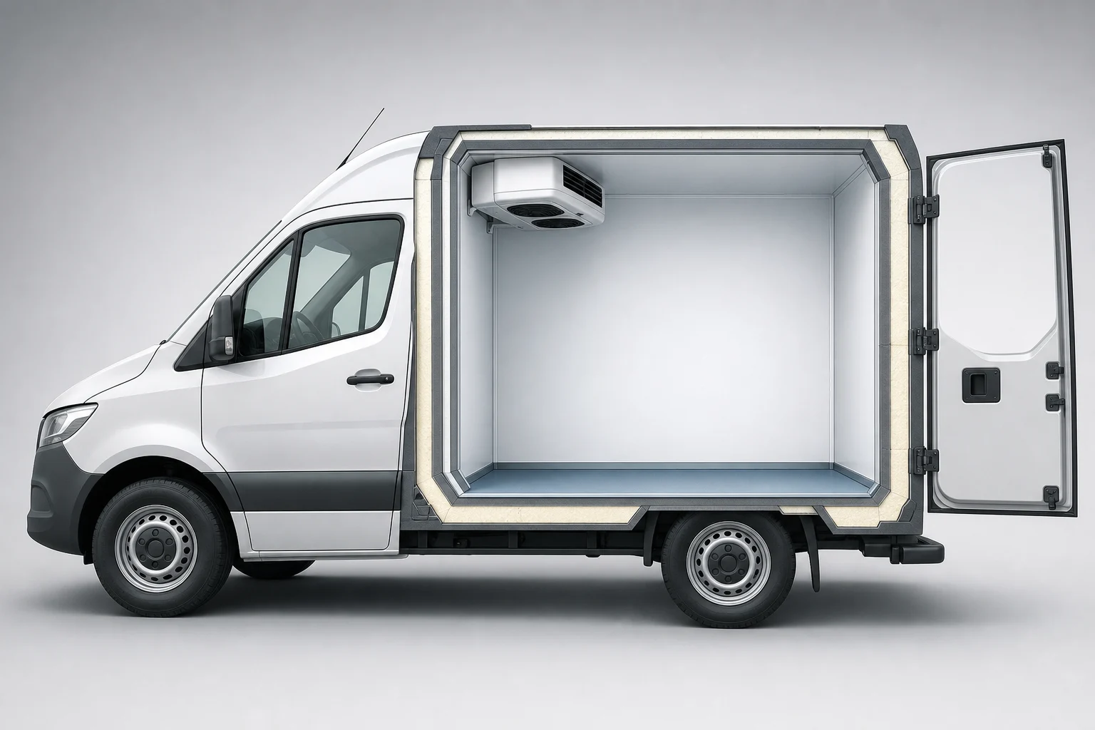 Illustrated cross-section of a van with an insulated body and refrigeration equipment
