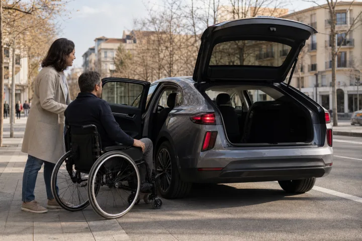Wheelchair user and companion checking side access to a parked car