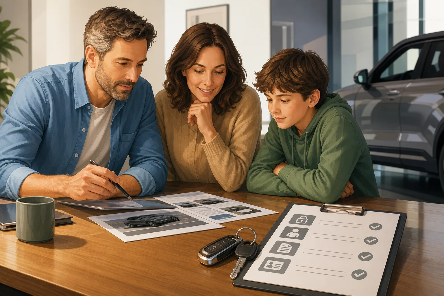 Família a preparar uma lista de verificações antes de escolher um carro