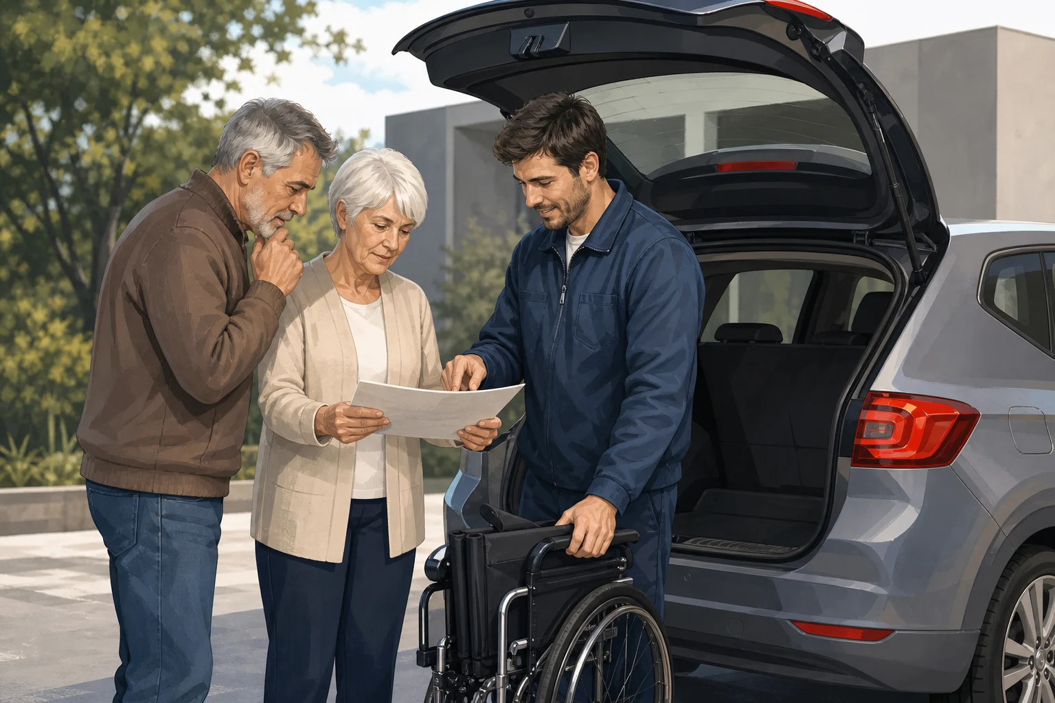 Pessoa, familiar e cuidador a definirem necessidades de utilização junto a um carro