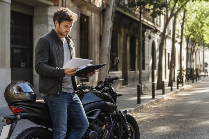 A person wearing a helmet beside a parked motorcycle, reviewing a budget sheet and vehicle documents.
