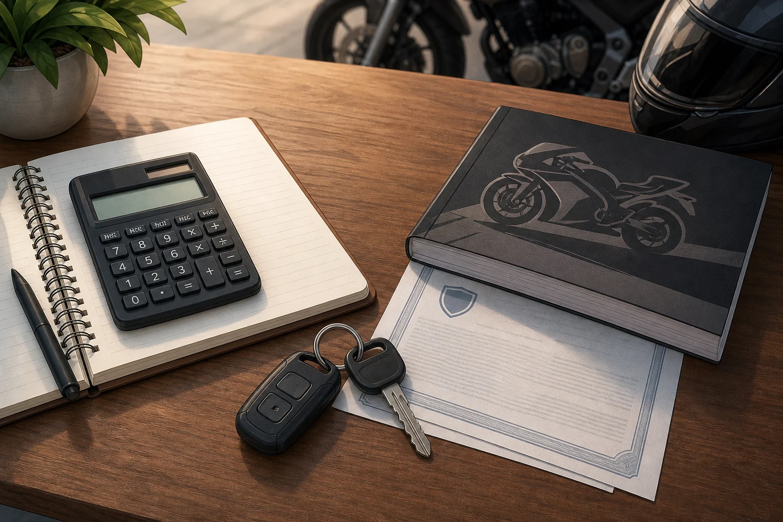 Calculator, motorcycle manual, keys and documents on a table to prepare an annual budget.