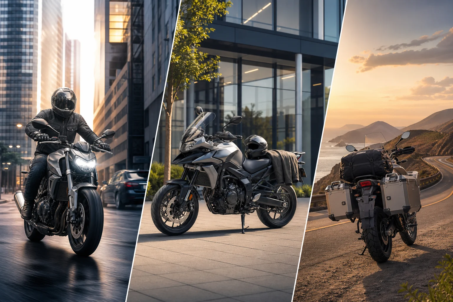 Three uses for a motorcycle: urban commuting, a daily journey and a road trip.