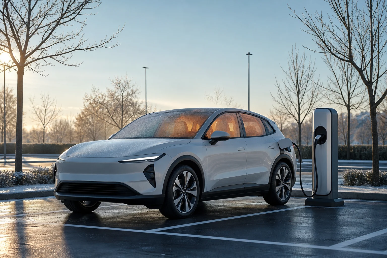 Electric car connected to a charging point while the cabin is climate-controlled in a car park