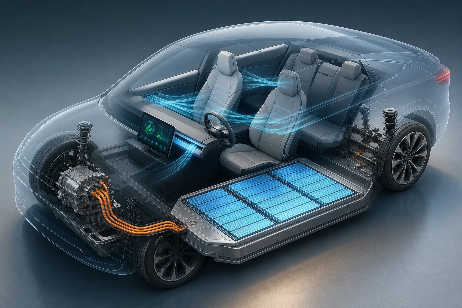 Visual diagram of an electric car with the cabin, energy display and battery shown separately